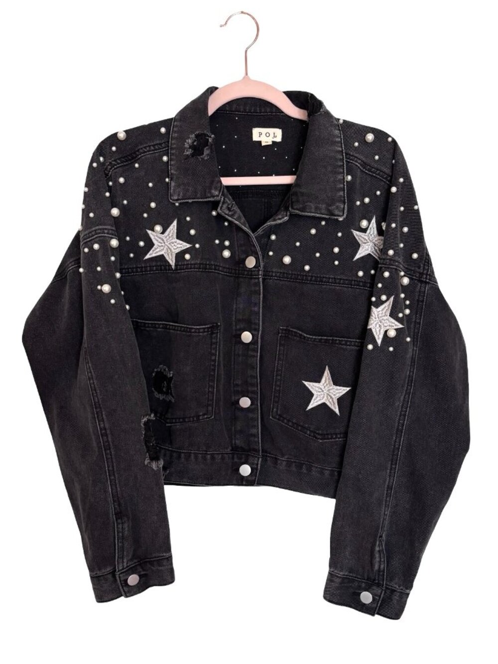 POL Distressed Denim Jacket with Pearl and Star Embellishments, Black, Size S